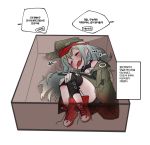  1girl black_scarf black_shorts box coat commentary drooling g11_(girls_frontline) girls_frontline green_headwear green_jacket jacket knee_pads long_hair mogijabgo open_clothes open_coat red_footwear scarf scarf_on_head shorts sleeping translation_request 