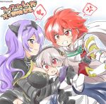  3girls anger_vein armor black_gloves black_hairband blush breasts camilla_(fire_emblem_if) closed_mouth eromame female_my_unit_(fire_emblem_if) fire_emblem fire_emblem_if from_side gloves hairband hinoka_(fire_emblem_if) large_breasts long_hair multiple_girls my_unit_(fire_emblem_if) open_mouth purple_eyes purple_hair red_eyes red_hair short_hair smile tiara twitter_username white_hair yuri 