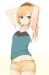 1girl alternate_hair_length alternate_hairstyle armpits arms_up blonde_hair blue_shirt blush brown_hair collarbone cowboy_shot green_eyes groin high_ponytail looking_at_viewer midriff miyamori_aoi multicolored_hair open_clothes open_shorts shiny shiny_hair shirobako shirt short_shorts short_sleeves shorts simple_background solo standing stomach tahita1874 two-tone_hair tying_hair white_background yellow_shorts 