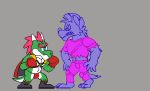  2018 animated anon anthro biped blue_eyes boxing boxing_gloves cape clothing digital_media_(artwork) diskwuzting dragon duo fangs footwear fukkpuncher green_skin grey_background hair humanoid_penis humor male male/male mohawk_(hairstyle) parody penis pink_hair pixel_(artwork) pixel_animation plantigrade punching sharp_teeth simple_background size_difference smile sport standing teeth toony torn_clothing 