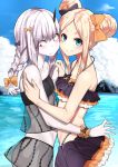  2girls abigail_williams_(fate/grand_order) bangs bare_shoulders beach bikini black_bikini black_bow blonde_hair blue_eyes blue_sky blush bow braid breasts closed_mouth collarbone double_bun emerald_float fate/grand_order fate_(series) forehead hair_bow holding_hands horn interlocked_fingers lavinia_whateley_(fate/grand_order) long_hair looking_at_viewer mikan_(chipstar182) multiple_girls ocean orange_bow pale_skin parted_bangs polka_dot polka_dot_bow red_eyes single_braid sky smile swimsuit white_hair wide-eyed 