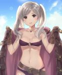  1girl :d bikini blush breasts brown_eyes brown_gloves cleavage collarbone female_my_unit_(fire_emblem:_kakusei) fire_emblem fire_emblem:_kakusei gloves haru_(nakajou-28) holding_clothes jewelry long_hair my_unit_(fire_emblem:_kakusei) navel necklace o-ring o-ring_bikini open_mouth purple_bikini purple_swimsuit robe sky smile solo swimsuit twintails white_hair 