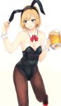  1girl animal_ears beer_mug black_hairband black_leotard blonde_hair blush bow bowtie breasts brown_legwear bunny_ears cleavage collarbone cup detached_collar embarrassed fake_animal_ears green_eyes hairband holding holding_cup leg_up leotard looking_away medium_breasts miyamori_aoi open_mouth pantyhose pumps red_bow red_footwear red_neckwear shirobako short_hair simple_background solo standing standing_on_one_leg strapless strapless_leotard tahita1874 white_background wing_collar wrist_cuffs 