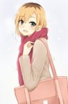 1girl :d blonde_hair brown_hair eyebrows_visible_through_hair from_side green_eyes grey_coat hair_between_eyes long_sleeves looking_at_viewer miyamori_aoi multicolored_hair open_mouth red_scarf scarf shirobako short_hair simple_background smile solo standing tahita1874 two-tone_hair upper_body white_background 