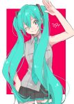  1girl 39 ;) armpit_peek armpits bare_arms bare_shoulders black_skirt blue_eyes blue_hair blue_neckwear breasts cowboy_shot curly_hair eyebrows_visible_through_hair eyelashes grey_shirt hair_between_eyes hand_on_hip hand_up hatsune_miku head_tilt long_hair looking_at_viewer mope necktie one_eye_closed pink_background pleated_skirt rectangle salute shirt simple_background skirt sleeveless sleeveless_shirt small_breasts smile solo standing thighhighs twintails two-tone_background very_long_hair vocaloid white_background zettai_ryouiki 