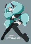  1girl :d black_legwear black_skirt blue_eyes blue_hair blue_neckwear character_name detached_sleeves eyebrows_visible_through_hair full_body grey_background grey_shirt hair_between_eyes hand_in_hair happy hatsune_miku head_tilt headset interlocked_fingers knees_together_feet_apart long_hair looking_at_viewer necktie open_mouth pleated_skirt pokki_(sue_eus) shaded_face shirt simple_background skirt smile solo thighhighs twintails very_long_hair vocaloid zettai_ryouiki 