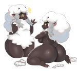  2019 absurd_res anthro anthrofied big_butt black_eyes blush bovid braided_hair breasts butt caprine eyelashes female fur hair hi_res huge_butt kneeling looking_at_viewer mammal nintendo nude pok&eacute;mon pok&eacute;mon_(species) pok&eacute;morph rear_view side_boob simple_background smile sssonic2 thick_thighs video_games white_background white_hair wide_hips wool wooloo yellow_sclera 