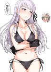  1girl bikini black_bikini black_gloves black_ribbon blush braid breasts cleavage cowboy_shot danganronpa danganronpa_1 eyebrows_visible_through_hair floating_hair gloves hair_ribbon halterneck head_tilt highres kirigiri_kyouko long_hair looking_away medium_breasts multi-strapped_bikini naegi_makoto navel purple_eyes ribbon side-tie_bikini silver_hair simple_background single_braid solo straight_hair striped swimsuit thigh_gap thought_bubble tsurui vertical-striped_bikini vertical_stripes very_long_hair white_background 