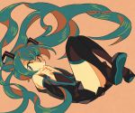  1girl bare_shoulders black_legwear black_skirt blue_eyes blue_hair covering covering_mouth curly_hair detached_sleeves dutch_angle expressionless eyebrows_visible_through_hair eyelashes floating floating_hair full_body grey_shirt hair_between_eyes hands_together hari611 hatsune_miku long_hair looking_away pink_background pleated_skirt shaded_face shirt simple_background skirt solo thighhighs thighs twintails very_long_hair vocaloid 