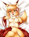  alternate_species amber_eyes anthro black_fur black_nose blush breasts canid canine clothing cute_fangs dipstick_ears eyebrow_through_hair eyebrows featureless_breasts female flower flower_in_hair fox fur furrification hair hakama haori inner_ear_fluff japanese_clothing looking_at_viewer lying mammal multicolored_ears navel neck_tuft off_shoulder on_back open_mouth orange_fur orange_hair plant red_clothing red_hakama senko-san sewayaki_kitsune_no_senko-san solo tan_fur tears tongue translucent translucent_hair tuft white_clothing white_haori タカ 