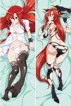  1girl arm_support ass asymmetrical_gloves bed_sheet black_footwear black_gloves black_legwear black_panties blush boots bracelet breasts cleavage closed_mouth collarbone collared_shirt dakara_boku_wa_h_ga_dekinai dakimakura dissolving_clothes dress_shirt embarrassed from_above full_body gloves hair_between_eyes head_wings jewelry lisara_restall long_hair looking_at_viewer lying midriff multiple_views navel on_back on_stomach open_mouth panties purple_ribbon red_eyes red_hair ribbon shiny shiny_hair shiny_skin shirt short_sleeves side-tie_panties single_glove small_breasts smile stomach thigh_boots thighhighs torn_boots unbuttoned unbuttoned_shirt underwear very_long_hair wet wet_clothes wet_shirt white_panties white_shirt wing_collar 