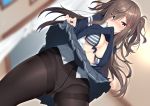  blue_eyes blush bra brown_hair long_hair nebu_soku original panties pantyhose seifuku skirt skirt_lift underwear 