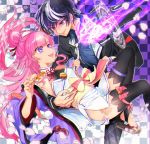  1boy 1girl :d armpits black_hair black_jacket black_legwear black_pants blazer blue_shirt breasts character_request checkered checkered_background couple detached_sleeves earrings eye_contact fang floating_hair highlights highres jacket japanese_clothes jewelry kimono long_hair long_sleeves looking_at_another magic_circle multicolored_hair necktie necktie_grab neckwear_grab oda_nobuhime oda_nobuhime_(channel) open_blazer open_clothes open_jacket open_mouth pants pink_hair purple_eyes purple_sleeves shiny shiny_hair shirt short_kimono sleeveless sleeveless_kimono small_breasts smile sumi_otto thigh_strap thighhighs very_long_hair virtual_youtuber white_kimono white_neckwear 
