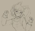  1girl animal_ear_fluff animal_ears arms_up backpack bag breasts choker clenched_teeth jewelry long_sleeves looking_to_the_side lynn_(ring_of_elysium) maelorian neck_belt paw_pose pendant pom_pom_earrings ring_of_elysium sepia shirt short_hair small_breasts star star_choker surgical_mask tail teeth 