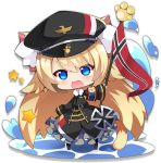  1girl animal_ears artist_request azur_lane belt black_legwear blonde_hair blue_eyes blush cat_ears cat_tail character_request chibi eyebrows_visible_through_hair flag holding holding_flag long_hair long_sleeves looking_at_viewer official_art open_mouth pantyhose smile solo star tail transparent_background water 