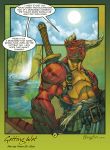  anthro bonk comic digital_media_(artwork) dragon horn male melee_weapon red_scales reptile scales scalie solo standing sun sword waterfall weapon 