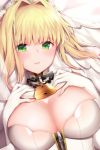  1girl bangs bare_shoulders blonde_hair blush breasts bridal_veil chain cleavage closed_mouth fate/extra fate/extra_ccc fate_(series) gloves green_eyes hair_between_eyes hair_intakes hands_on_own_chest head_wreath large_breasts lock long_hair looking_at_viewer nero_claudius_(bride)_(fate) nero_claudius_(fate)_(all) padlock solo veil white_gloves xayux zipper 