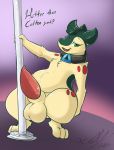  2019 animal_genitalia animal_penis anthro balls big_penis collar dancing dante_(ghost_forger) english_text erection fan_character fur gradient_background green_eyes holding_fixture male nintendo open_mouth penis pok&eacute;mon pok&eacute;mon_(species) pole pole_dancing red_penis sheath simple_background solo standing stripper_pole tan_fur tapering_penis text typhlosion video_games xilrayne 