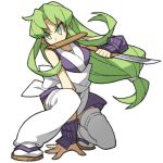  1girl breasts ganbare_goemon gauntlets green_eyes green_hair hand_on_floor japanese_clothes kimono kodachi long_hair low-tied_long_hair mouth_hold ninja one_knee sandals sheath short_kimono short_sword solo stance sword tabi thighhighs user_symz7244 very_long_hair weapon yae_(ganbare_goemon) zettai_ryouiki 