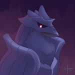  avian beak corviknight digital_media_(artwork) nintendo pok&eacute;mon pok&eacute;mon_(species) red_eyes safero signature simple_background video_games 