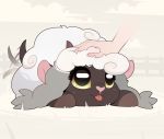  2019 ambiguous_gender blep bovid caprine digital_media_(artwork) disembodied_hand evehly horizontal_pupils looking_up mammal nintendo petting pink_nose pok&eacute;mon pok&eacute;mon_(species) solo_focus tailwag tongue tongue_out video_games wooloo yellow_sclera 