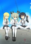  3girls anchovy anzio_school_uniform bangs belt black_belt black_footwear black_hair black_neckwear black_ribbon black_skirt blonde_hair blue_sky boots braid brown_eyes buchikaki carpaccio closed_eyes cloud cloudy_sky day dress_shirt drill_hair emblem eyebrows_visible_through_hair fishing_rod girls_und_panzer green_eyes green_hair grimace hair_ribbon holding holding_fishing_rod indian_style loafers long_hair long_sleeves miniskirt multiple_girls necktie open_mouth outdoors pantyhose pepperoni_(girls_und_panzer) pier pleated_skirt red_eyes ribbon school_uniform shirt shoes short_hair side_braid sitting skirt sky smile starfish twin_drills twintails twitter_username white_legwear white_shirt 