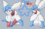  2018 animal_genitalia animal_penis anus balls big_balls blue_hair blush canine_penis erection fan_character feral fur girly hair hair_over_eye hyper hyper_penis knot legendary_pok&eacute;mon looking_back male model_sheet nintendo penis pok&eacute;mon pok&eacute;mon_(species) shaymin shaymin_(sky_form) shiny_pok&eacute;mon simple_background smile solo video_games white_fur xilrayne yellow_eyes 