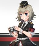  1girl absurdres artist_request belt blue_eyes cameo eyebrows_visible_through_hair girls_frontline grey_hair hat highres military military_hat military_uniform mp41_(girls_frontline) necktie notepad smug solo uniform wehrmacht wrist_cuffs 