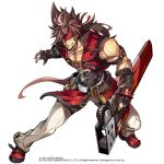  1boy 2016 2019 belt black_gloves brown_hair collarbone elbow_gloves fingerless_gloves full_body gloves grin guilty_gear headband holding holding_sword holding_weapon left-handed legs_apart long_hair looking_at_viewer male_focus messy_hair muscle pants pokimari ponytail red_footwear reverse_grip shoes simple_background smile sol_badguy solo sword weapon white_background white_pants yellow_eyes 