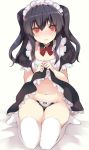  1girl alternate_costume black_hair blush bow enmaided hair_ribbon maid maid_dress maid_headdress mikan_no_shiru navel neptune_(series) open_mouth panties puffy_short_sleeves puffy_sleeves red_bow red_eyes ribbon seiza short_sleeves sitting thighhighs underwear uni_(neptune_series) white_legwear 