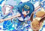  1girl blue_eyes blue_hair blue_sailor_collar blue_shorts bracelet commentary_request eevee fishing_rod gen_1_pokemon gen_3_pokemon gen_7_pokemon hairband holding holding_fishing_rod jewelry kingin kyogre legendary_pokemon open_mouth outstretched_arms pokemon pokemon_(anime) pokemon_(creature) pokemon_sm_(anime) primarina sailor_collar shirt short_hair shorts smile spread_arms suiren_(pokemon) swimsuit swimsuit_under_clothes trial_captain water 