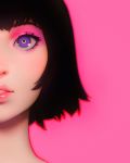  1girl black_hair eyeshadow face head_out_of_frame highres ilya_kuvshinov lips makeup original pink_background purple_eyes short_hair simple_background solo 