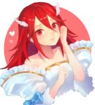  1girl alternate_costume blush dress fire_emblem fire_emblem:_rekka_no_ken fire_emblem_heroes hair_between_eyes hand_in_hair heart jurge lips long_hair looking_at_viewer red_background red_eyes red_hair simple_background smile solo tiamo two-tone_background upper_body wedding_dress white_background wing_hair_ornament 