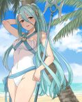  1girl adapted_costume alternate_costume alternate_hairstyle aqua_(fire_emblem_if) aqua_hair bare_legs beach breasts brown_eyes cloud cloudy_sky covered_navel cowboy_shot day fire_emblem fire_emblem_if hair_between_eyes hairband hand_in_hair haru_(nakajou-28) highres long_hair looking_at_viewer medium_breasts ocean one-piece_swimsuit outdoors palm_tree polearm ponytail shade sky sleeveless smile solo swimsuit tree trident weapon white_swimsuit 