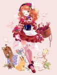  1girl ;d aikatsu! aikatsu!_(series) animal apron basket beige_background bird blueberry blueberry_hair_ornament bottle bow bunny champagne_flute checkerboard_cookie commentary_request cookie corset cup cutting_board detached_sleeves dress drinking_glass flower food food_themed_clothes food_themed_hair_ornament fork fruit full_body garters hair_ornament headdress key long_hair looking_at_viewer one_eye_closed oozora_akari open_mouth orange_hair petticoat pink_legwear puffy_sleeves puracotte raspberry raspberry_hair_ornament red_dress red_eyes red_footwear red_headwear shoes signature simple_background skirt_hold smile solo standing striped striped_bow striped_legwear thigh_gap thighhighs vertical-striped_legwear vertical_stripes waist_apron wrist_cuffs zettai_ryouiki 