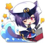  1girl animal_ears azur_lane belt black_hair black_legwear blue_skirt blush cat_ears cat_tail chibi eyebrows_visible_through_hair long_sleeves looking_at_viewer multicolored multicolored_clothes multicolored_skirt official_art one_eye_closed open_mouth pantyhose pink_eyes red_skirt skirt solo star tail transparent_background white_headwear 