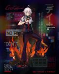  1girl ahoge boots character_name collared_shirt dana_zane full_body girls_frontline highres infukun looking_at_viewer mechanical_arm necktie official_art pants parted_lips purple_vest red_eyes red_neckwear shirt short_hair sidelocks solo striped striped_pants torn_clothes torn_shirt va-11_hall-a vest white_hair wristband 
