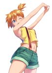  1girl ;o armpits bare_arms bare_shoulders breasts cowboy_shot denim denim_shorts highres kasumi_(pokemon) midriff navel one_eye_closed open_mouth orange_hair pokemon pokemon_(anime) shirt short_ponytail shorts sideboob simple_background sleeveless sleeveless_shirt small_breasts solo stretch suspenders tenkuu_nozora white_background yellow_shirt 