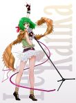  1girl :d \m/ ahoge arm_up bare_legs bracelet character_name fingerless_gloves frilled_skirt frills fringe_trim from_behind full_body gloves graphite_(medium) green_hair highres jewelry looking_back macross macross_frontier macross_frontier:_sayonara_no_tsubasa microphone midriff_peek miniskirt open_mouth pandaun plaid plaid_scarf ranka_lee red_eyes scarf shiny shiny_skin shirt short_hair skirt sleeveless smile solo standing stretch striped striped_shirt tiptoes traditional_media 
