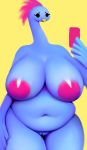  anthro avian belly big_breasts bird blue_feathers breasts feathers female hair huge_breasts ikiki long_neck looking_at_viewer mammal nude overweight overweight_female phone pink_hair pussy simple_background voluptuous yellow_background 