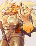  abs big_pecs clothed clothing dragon grey_background horn male membrane_(anatomy) membranous_wings multicolored_scales muscular muscular_male open_shirt ophion pecs pendant scales scalie signature simple_background solo spikes tokyo_afterschool_summoners two_tone_scales video_games wings yu_chi_i 