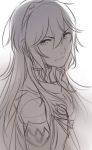  1girl closed_mouth commentary_request fire_emblem fire_emblem:_kakusei graphite_(medium) long_hair looking_at_viewer lucina monochrome simple_background sketch solo traditional_media tusia white_background 