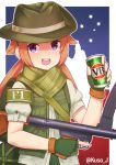  1girl artist_name australia blush brown_hair f1_(girls_frontline) fingerless_gloves girls_frontline gloves green_gloves green_headwear gun hat highres holding holding_gun holding_weapon jacy long_hair looking_at_viewer open_mouth puffy_short_sleeves puffy_sleeves purple_eyes short_sleeves smile solo twintails twitter_username upper_teeth weapon 