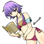  1girl adapted_costume alternate_costume bikini book bracelet breasts cowboy_shot dutch_angle eyebrows_visible_through_hair fire_emblem fire_emblem:_seima_no_kouseki jewelry looking_at_viewer lute_(fire_emblem) midriff necklace purple_bikini purple_eyes purple_hair short_hair sidelocks simple_background small_breasts solo swimsuit twitter_username white_background yukia_(firstaid0) 