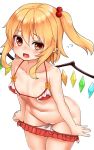  1girl bandaid bandaid_on_pussy bangs bikini bikini_pull blonde_hair commentary_request cowboy_shot crystal eyebrows_visible_through_hair flandre_scarlet flying_sweatdrops groin hair_between_eyes hair_bobbles hair_ornament highres looking_at_viewer navel no_hat no_headwear one_side_up open_mouth pointy_ears pulled_by_self red_bikini red_eyes shiron_(e1na1e2lu2ne3ru3) short_hair sidelocks simple_background solo standing stomach swimsuit thighs touhou white_background wings 