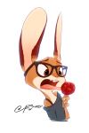  2018 4_fingers absurd_res anthro brown_eyes cider_(pf) clothed clothing digital_drawing_(artwork) digital_media_(artwork) eyebrows eyewear food fur glasses hi_res holding_food holding_object lagomorph leporid mammal open_mouth pawpsicle pink_nose pointedfox popsicle rabbit raised_inner_eyebrows signature simple_background solo tan_fur tongue tongue_out tongue_stuck white_background 