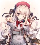  1girl ;d absurdres arcaea bangs beret black_ribbon blush bow brown_background brown_eyes commentary dress english_text eyebrows_visible_through_hair gradient gradient_background grey_dress grey_jacket hair_between_eyes hair_intakes hair_ribbon hat highres hikari_(arcaea) jacket long_hair long_sleeves looking_at_viewer one_eye_closed open_mouth outstretched_arms petals red_bow red_headwear ribbon silver_hair smile solo tandohark upper_body very_long_hair 