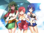  3girls bikini blue_eyes blue_hair blue_sky closed_eyes closed_mouth cloud est fire_emblem fire_emblem:_monshou_no_nazo green_eyes green_hair holding holding_umbrella jewelry katua lazulia long_hair multiple_girls necklace open_mouth paola pink_hair short_hair siblings sisters sky smile swimsuit umbrella 