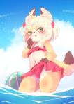  anthro ball bangs beach_ball bikini black_nose blonde_hair blush bulge canid canine clothed clothing clothing_lift cloud countershade_face countershade_torso countershading crossdressing cub day eyebrows fox fur girly green_eyes hair inner_ear_fluff kemono looking_at_viewer male mammal multicolored_tail navel orange_fur outside panties pink_bikini pink_clothing pink_panties pink_tongue pink_underwear ribbons short_hair solo swimwear thick_eyebrows tongue tongue_out translucent translucent_hair underwear water white_countershading white_fur youki young 