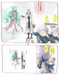  1boy 1other 2girls armor blue_scarf brown_gloves fire_emblem fire_emblem:_kakusei fire_emblem_heroes fire_emblem_if gloves green_eyes green_hair hair_bun hood hood_up kanna_(female)_(fire_emblem_if) kanna_(fire_emblem_if) kanna_(male)_(fire_emblem_if) long_sleeves mamkute multiple_girls naga_(fire_emblem) open_mouth pointy_ears robaco robe scarf short_hair summoner_(fire_emblem_heroes) tears twitter_username white_hair 